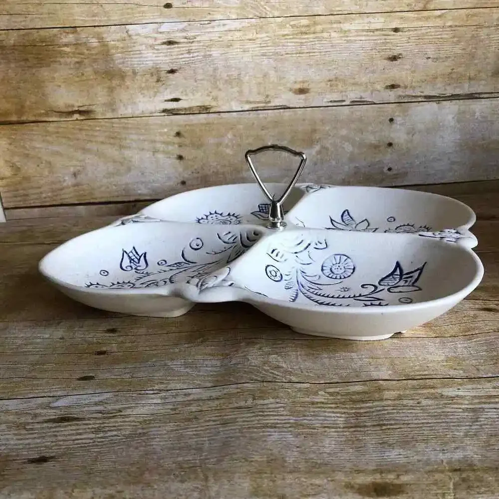 California Pottery Vintage White & Blue Floral Divided Serving Tray - Ceramic